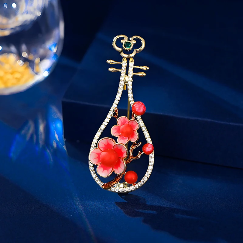 Real Gold Plated Pipa Brooch Pin Enamel Plum Blossom Hollow Technique Zircon Gourd Musical Instrument Chinese Lute Design Brooch
