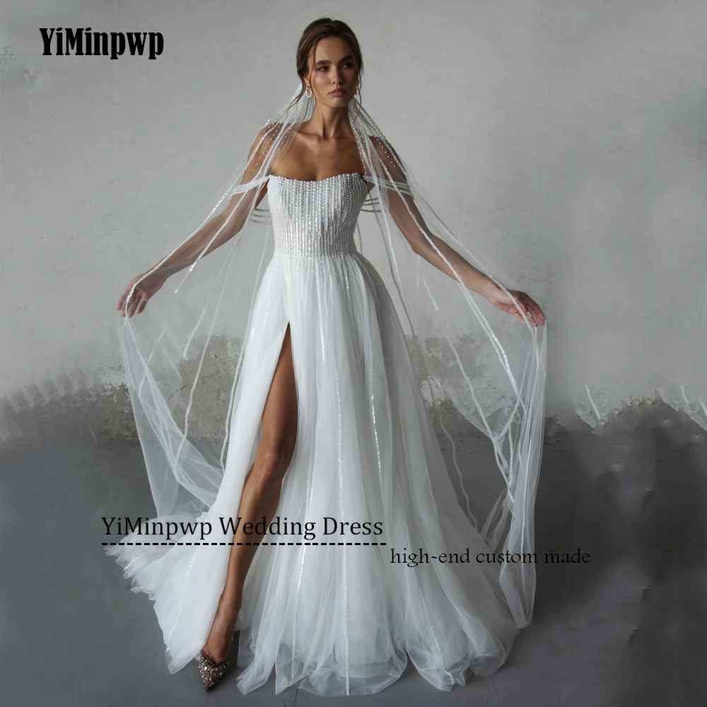 Vestidos de novia con cuentas sin tirantes y hombros descubiertos, corte en A, espalda descubierta, vestido de fiesta de novia de playa dividido, vestidos de novia elegantes personalizados 2025