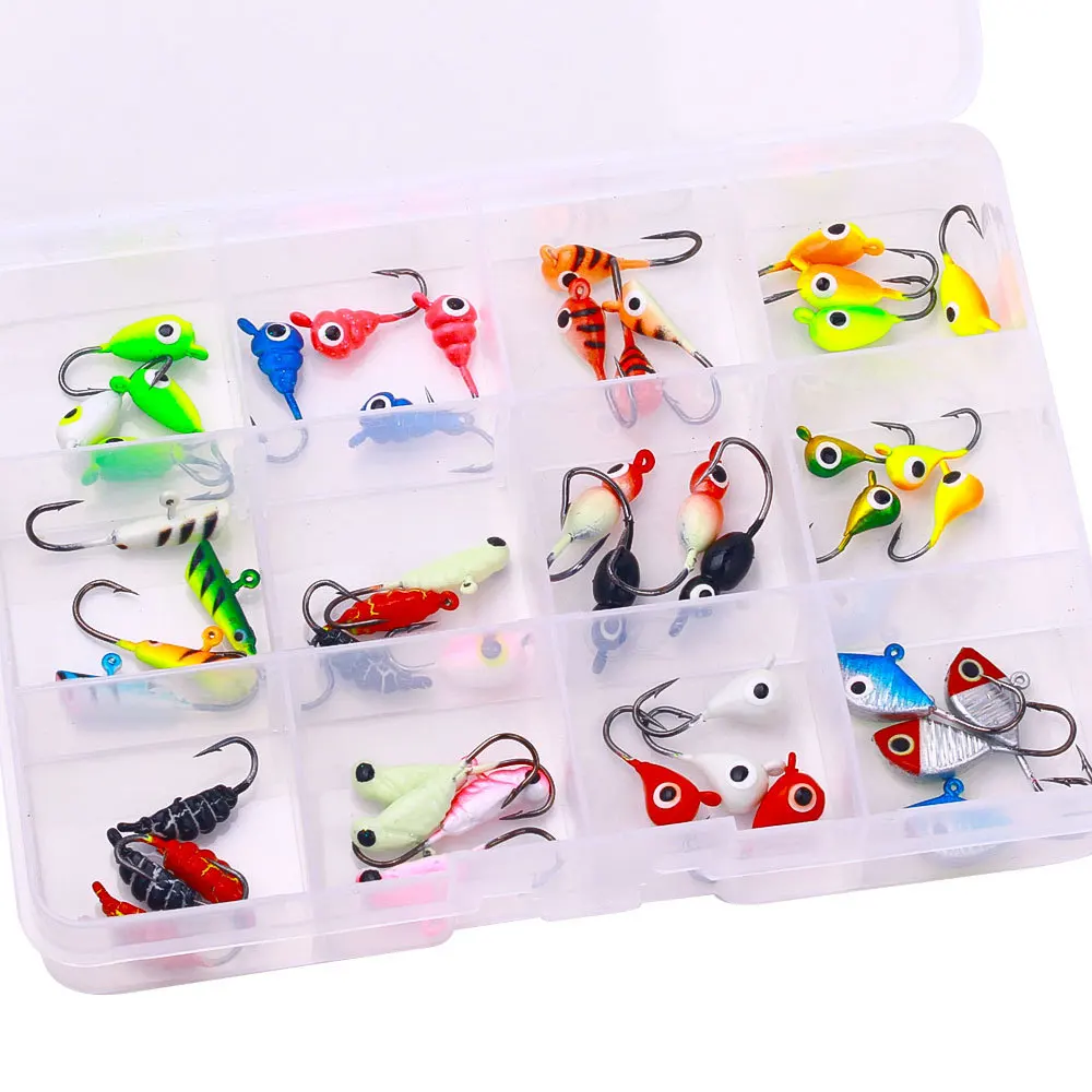 Winter Ice Fishing Jigs Lure Set Metal Head Hooks for Fishing with Tackle Box Kit Artificial Hard Bait for Soft Bait