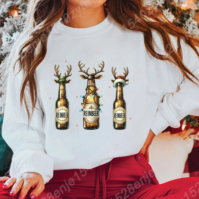 

New Autumn Winter Women Tops Christmas Light Reinbeer Print Crew Neck Hoodless Pullovers Casual Sweatshirts Pure Color Pullovers