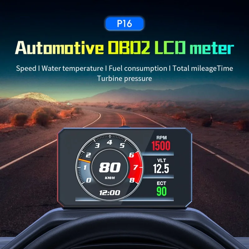 

P16 Автомобильный HUD OBD2 ЖК-метр Проекционный дисплей Спидометр KMH,MPH Тахометр Температура воды Расход топлива Турбо Давление
