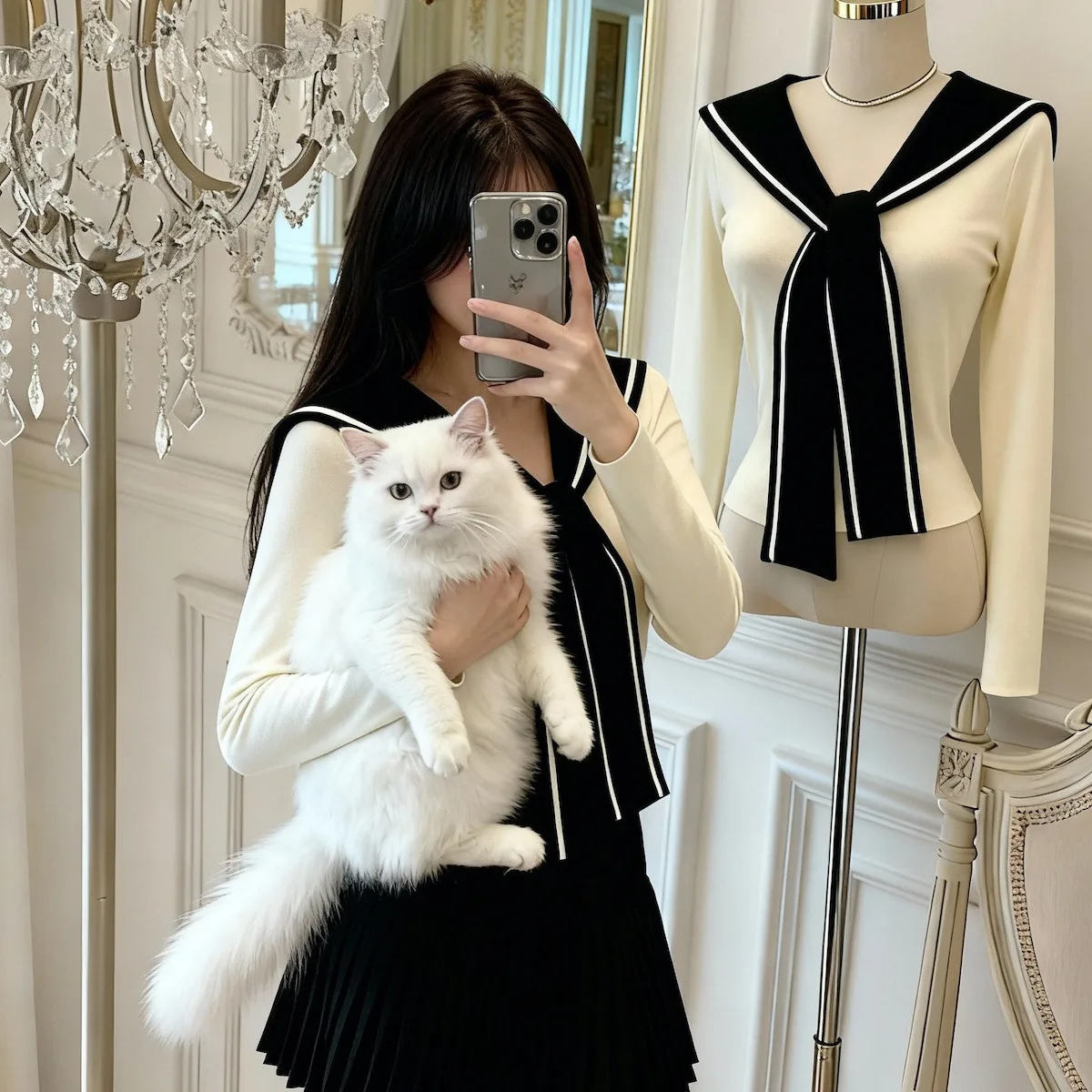 

Women's Long Sve T-irt Navy Collar Layering Belted Autumn Winter New Sle College Sle Slim Fit Versatile Top