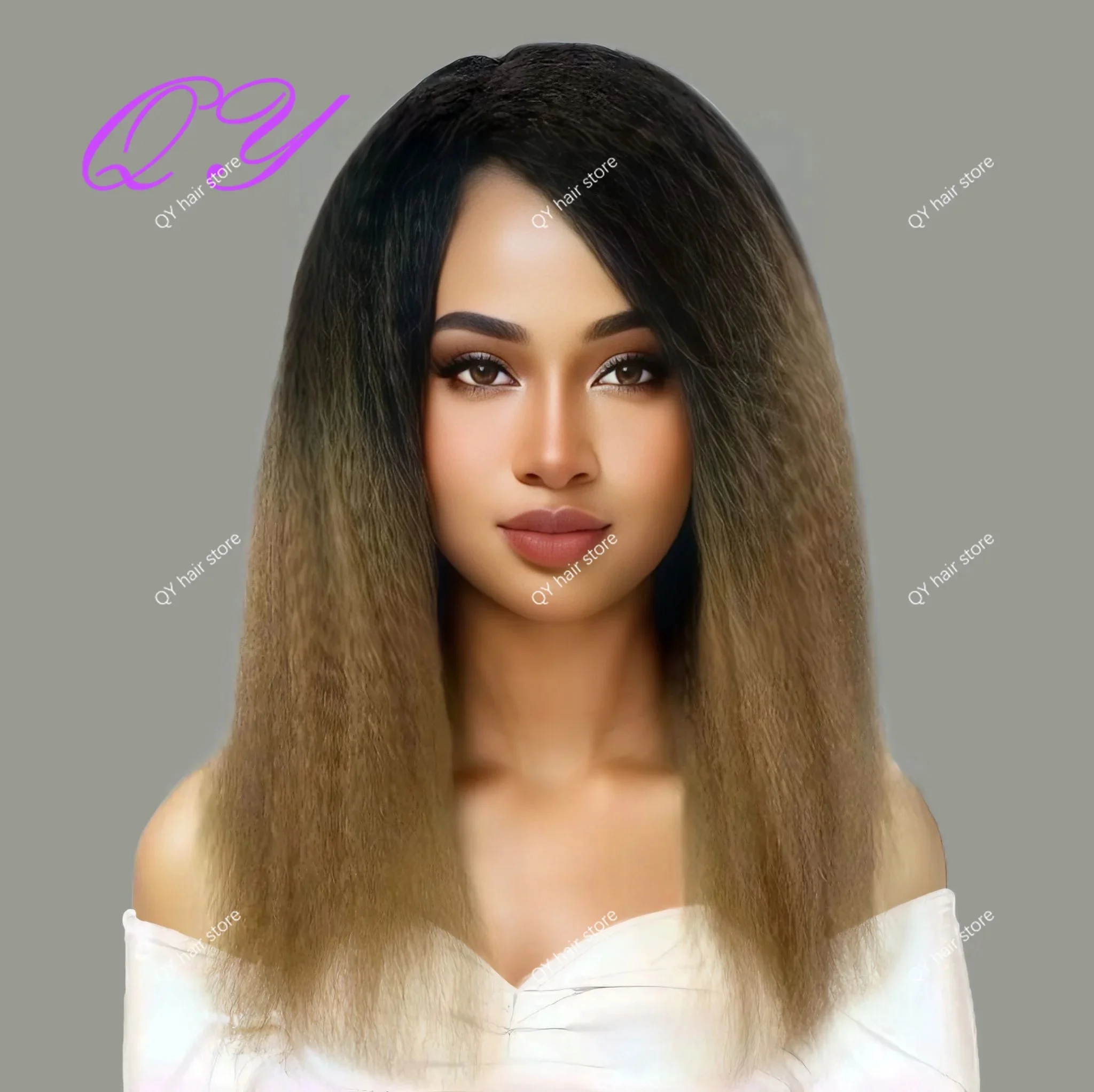 

Синтетический афро-кудрявый прямой женский парик для косплея, черный омбре, золотая боковая часть, без челки, повседневное использование или косплей, женский парик на Хэллоуин