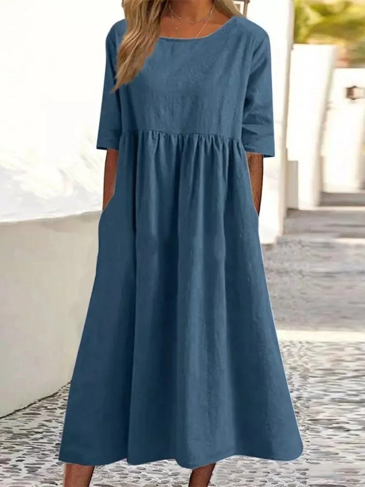 

2026 Summer New Style Cotton Linen Casual Short-Sleeved Pocket Pleated Loose Round Neck Dress