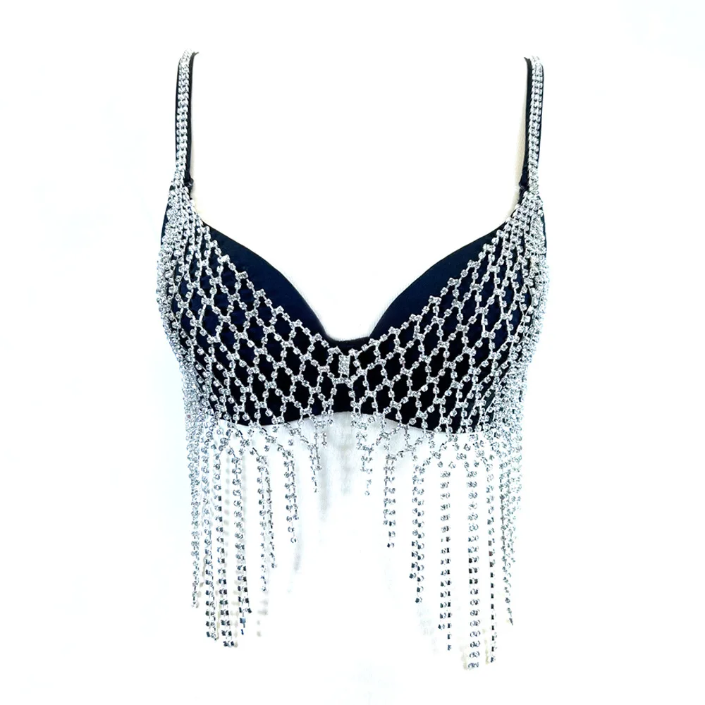 ラインストーンとタッセル付きエレガントなシアーメッシュブラ-レースボーン入りアンダーワイヤービスチェトップ、ビーズ付きy2kファッションブラ（女性用下着）