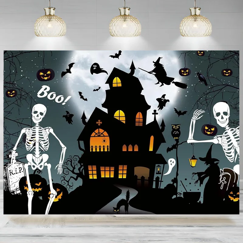 Halloween Skull Backdrop Funny Castle Bat Witch Ghost Skeleton Pumpkin Lantern Moon Night Photography Background Decor Banner