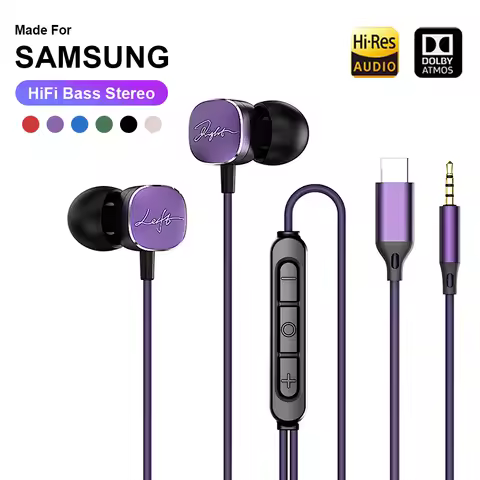 Type-C Wired Headphones For Samsung Galaxy S25 S24 S23 S22 HiFi Bass Stereo 3.5MM in-Ear Earphone A54 A34 Note 20 10 Accessories