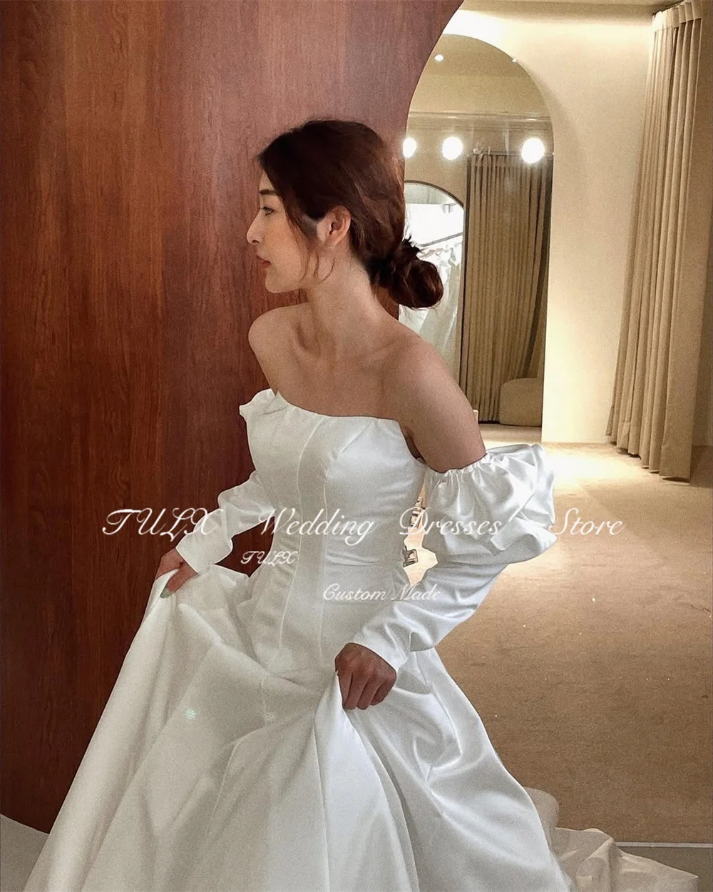 TULX Princess Strapless Ivory Satin Wedding Dress Korea Photo Shoot Puff Long Sleeves Corset Long Bridal Gowns 웨딩드레스 Customized