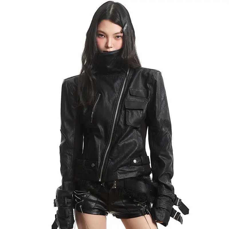 Retro Punk High Street Black Leather Jacket Zipper Jacket Slim Fit