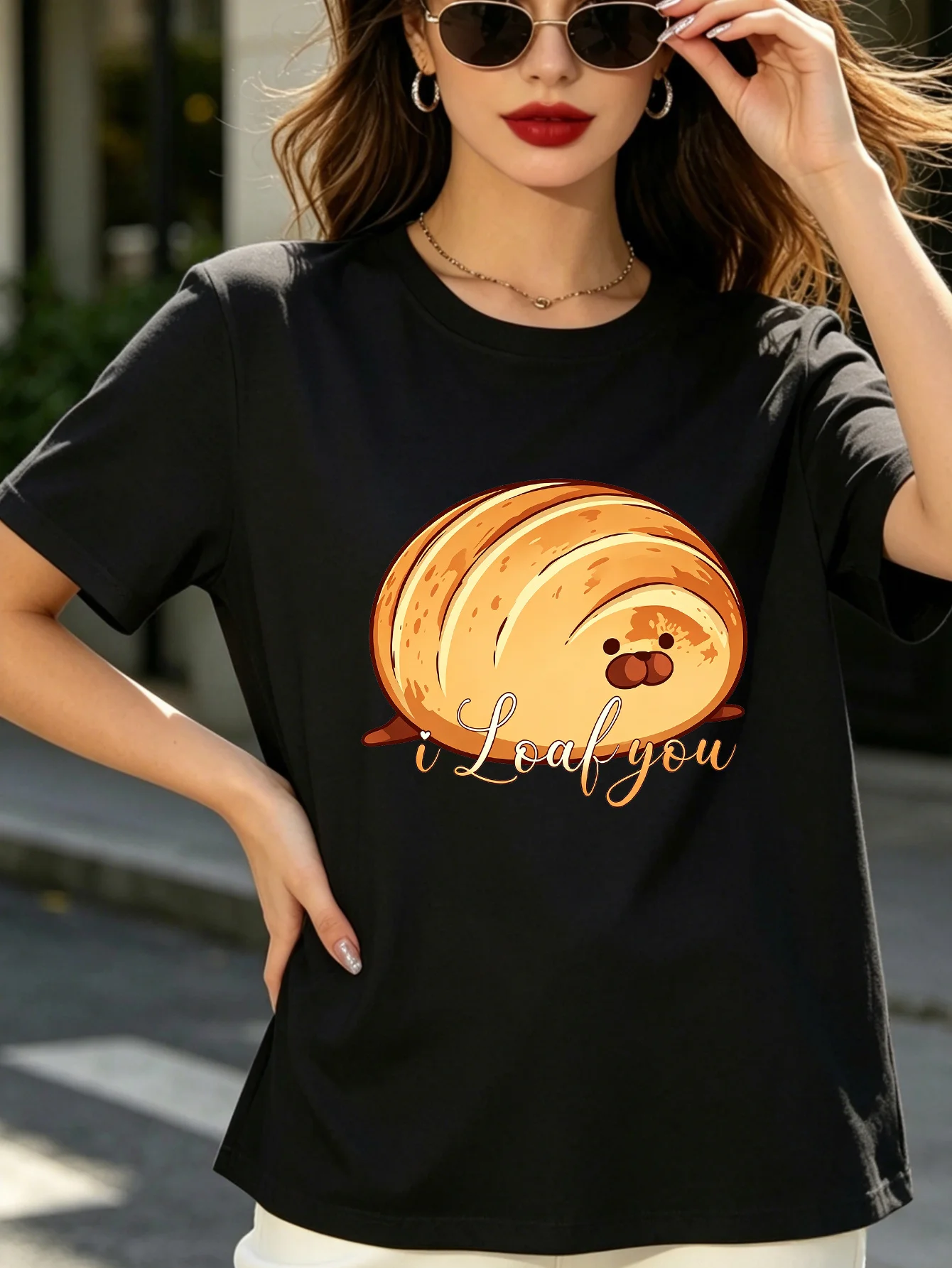 Women Crew Neck Tee Bread Character Text Graphic Print Short Sleeve Loose Ladies Summer Soft Cotton Plus Size Casual Street Top