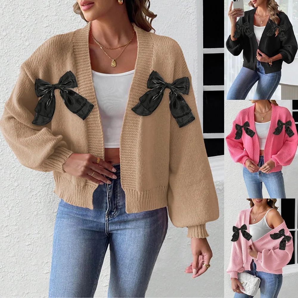 

Autumn Winter Long Sleeve Knitted Sweater Coats for Women Bow Stitching Cardigans Sweater Jackets