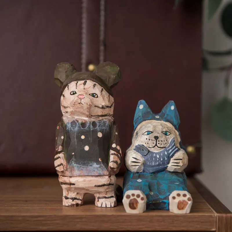 Wood Maneki Neko Figurine Hand Carved Cute Healing Mini Desktop Decor Gift For Office Home