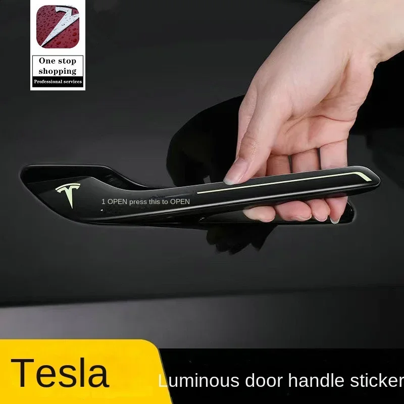 for Tesla Model 3/Y door handles with luminous patches, car handles with fluorescent new protective film, automotive accessories