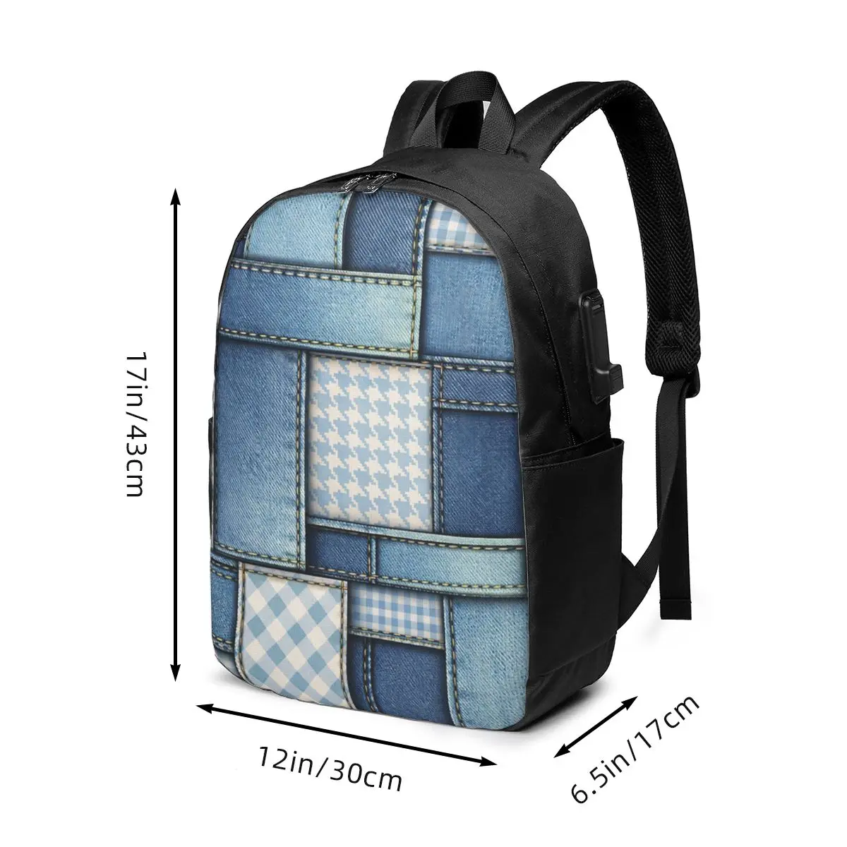 Faux Denim Patchwork Print Backpack Travel Notebook Bag Computer College Student School Bag Laptop Shoulder Bags for Men Women