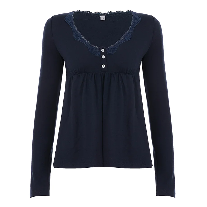 

2025 New Solid Color Lace Splicing Inner Base Knitted Shirt, Spicy Girl Style Slimming Long Sleeve T-shirt