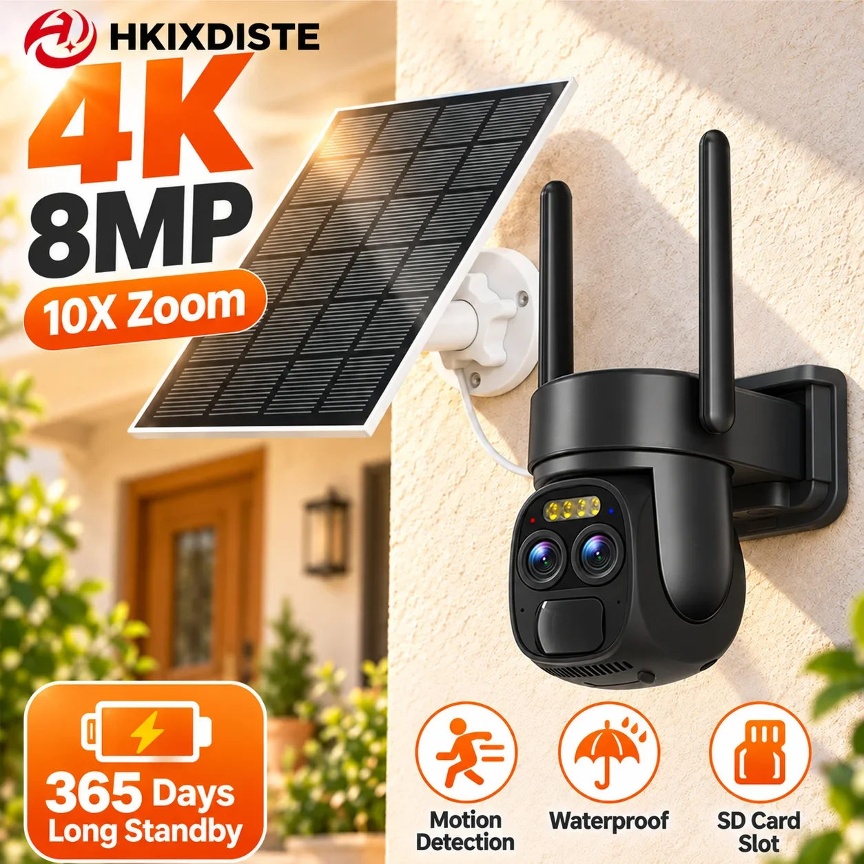 Outdoor Camera with 10X Zoom and Solar Panel 4K 8MP Dual Lens Motion Detection SD Card Slot Black Body for Home and Yard Viewing