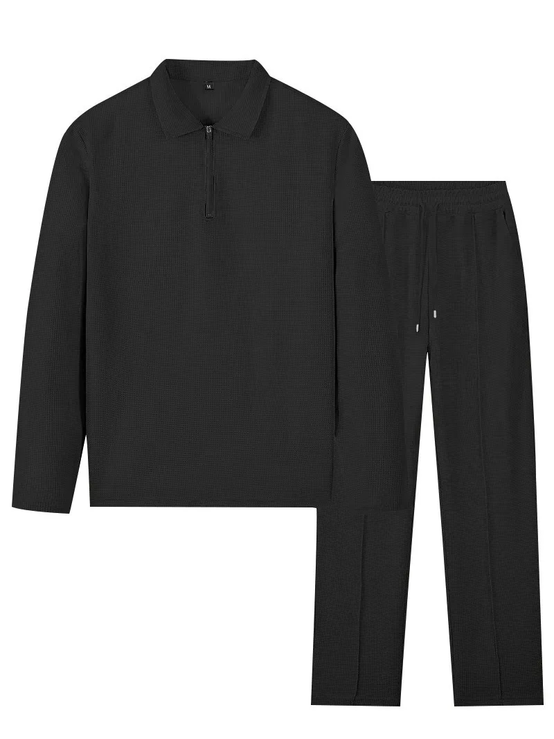 2025 new men's suit casual daily solid color Waffle fabric breathable Polo long sleeve shirt two pantsuits