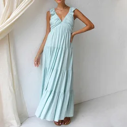 2024 Summer 100% Cotton Dress Women Sexy V-neck Sleeveless Solid Color Sundress Holiday Beach A-Line Maxi Dresses Robe Vestidos