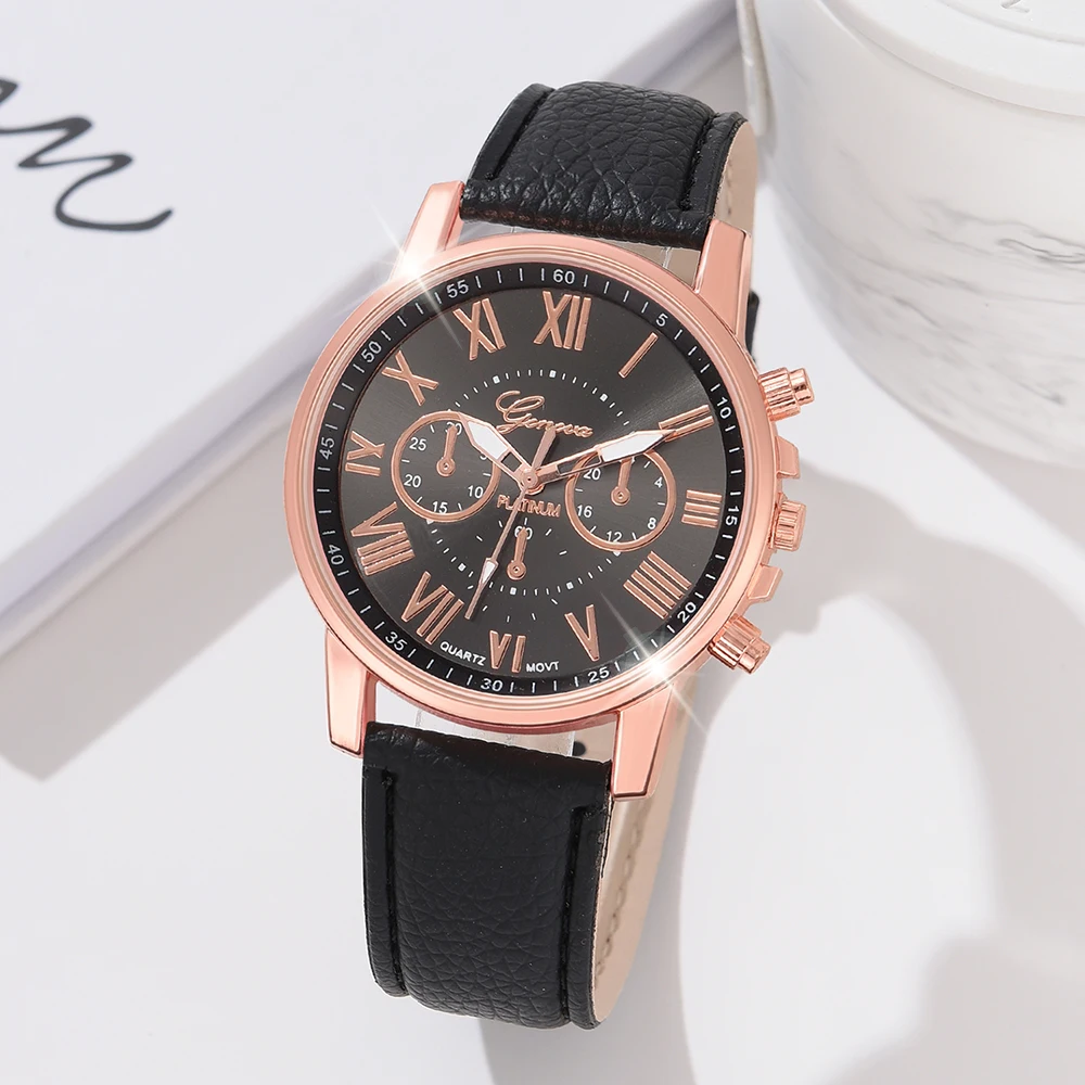 4-Piece/Set Women\'s Fashionable Luxury Light Luxury Quartz Watch PU Leather Strap Couple Watch Holiday Gift