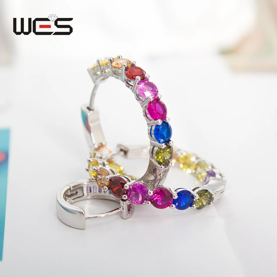 

WES 925 Sterling Silver CZ Hoop Earrings for Women Rainbow Cubic Zicron 4*4mm Gemstone Wedding Engagement Birthday Gift Jewelry