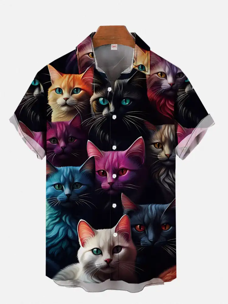 Férias do vintage Camisa Curta Casual com Foto Estampada Gato, Blusa Slim Fit, Flor Pet Harajuku, Streetwear Beachwear, Havaí Camisas