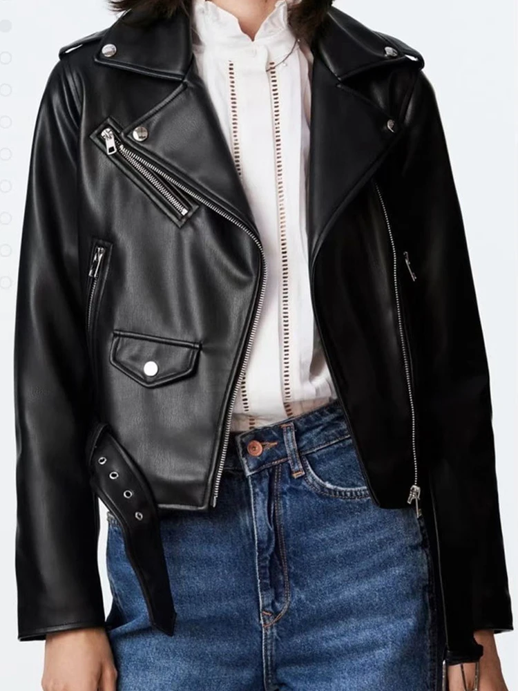 Ailegogo Streetwear Women Slim Fit Black Pu Faux Leather Jacket with Belt Spring Female Motorcycle Biker Zipper Coat Outwear