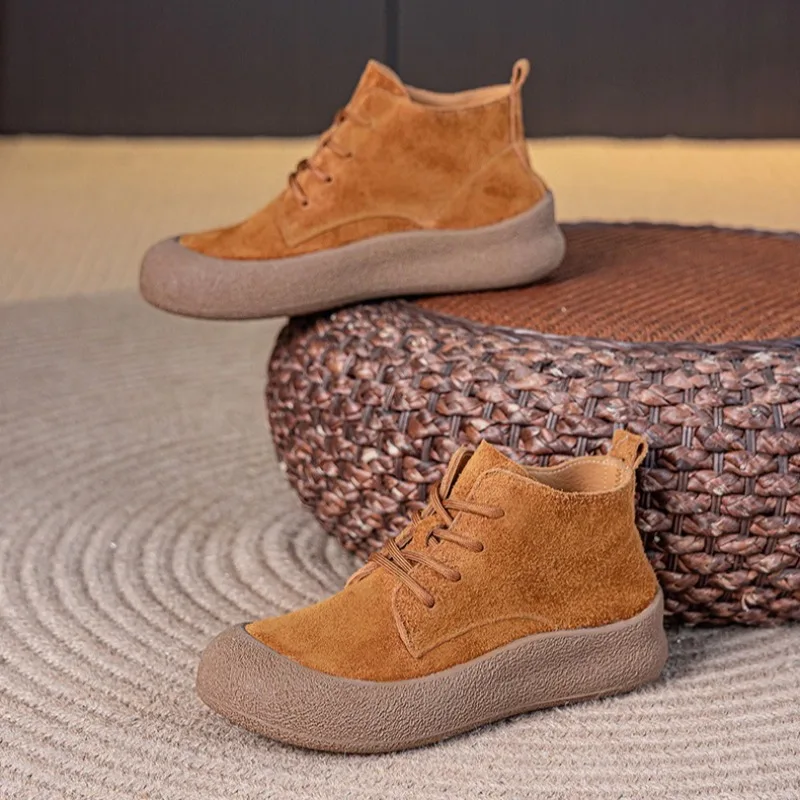 

Ankle Boots Woman Booties New Cowhide Round Head Casual Shoes Lace Up Soft Sole Warm and Cotton Women's Shoes Large Size 41-43