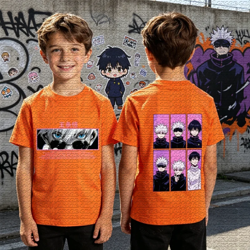 Summer Anime Jujutsu Kaisen Gojo Satoru Front Back Dual Print T Shirt Sports Short Sleeve Unisex Family Matching Casual Tee Top