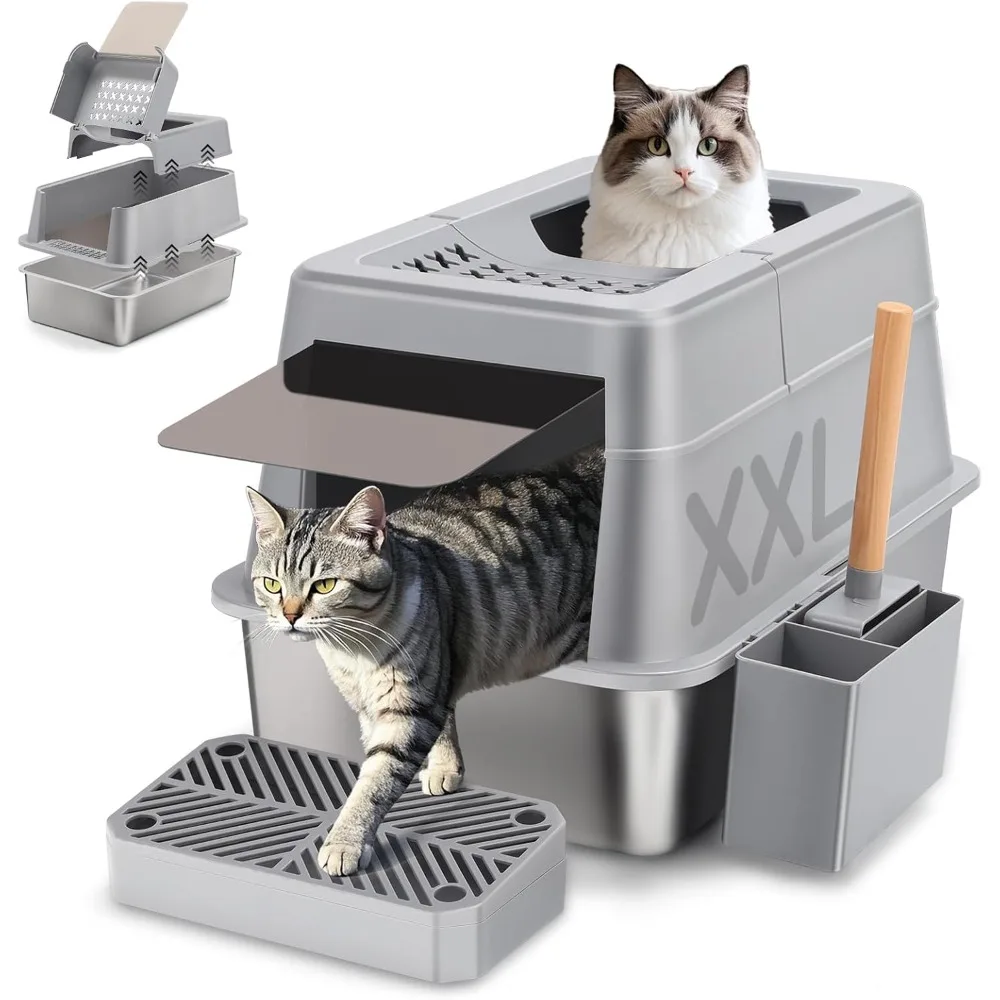 

Steel Cat Litter Box with 110° Flip-Top Lid, XXL Large Enclosed Metal Litter Box for Big Cats with Scoop & Pedal,