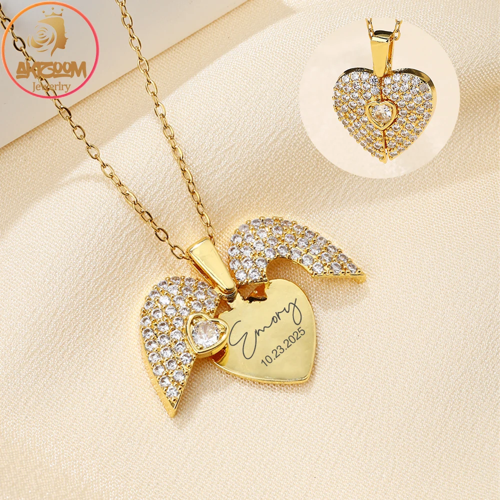 Personalized Engrave Name Heart Necklace Stainless Steel Custom Secret Message Zircon Heart PendantF Women Couple Jewelry Gift