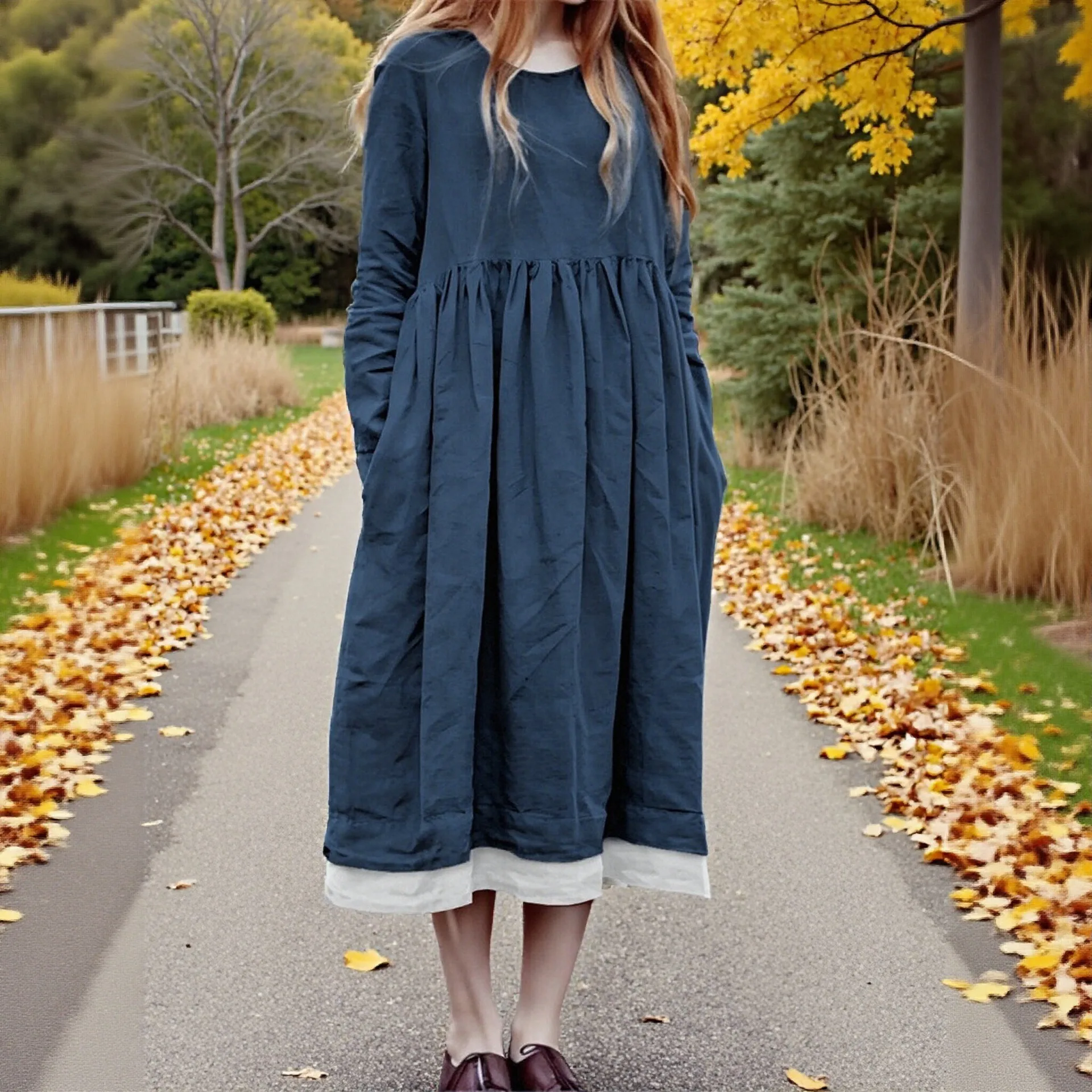 

Women Dresses Solid Dress Pleated Round Neck Long Sleeve Loose Waist Ankle Length Slight Stretch Casual Office Lady 2026 Autumn