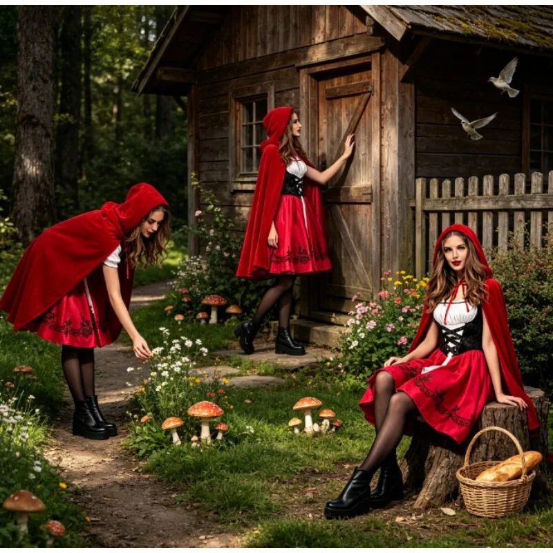 Adult Little Red Riding Hood Costume Satin Cape & Dress Velvet Trim  Perfect for Halloween Fairy Tale Party Cosplay Convention