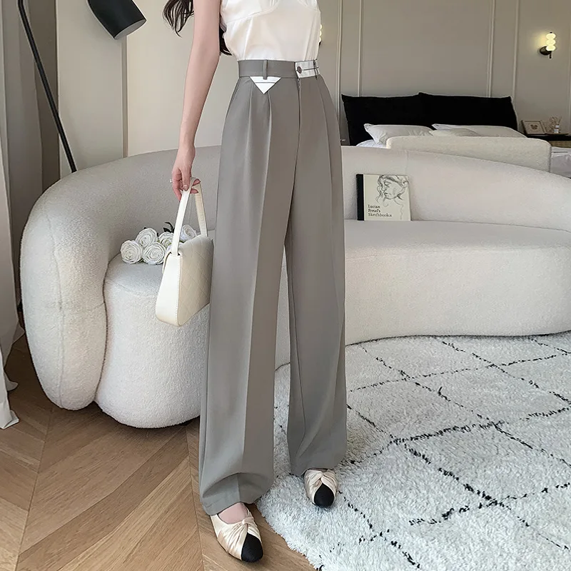 

Retro High Waist Wide Leg Pants Women Loose Slimming and Straight Mop Pants Narrow Style Drape Casual Suit Cigarette Pants