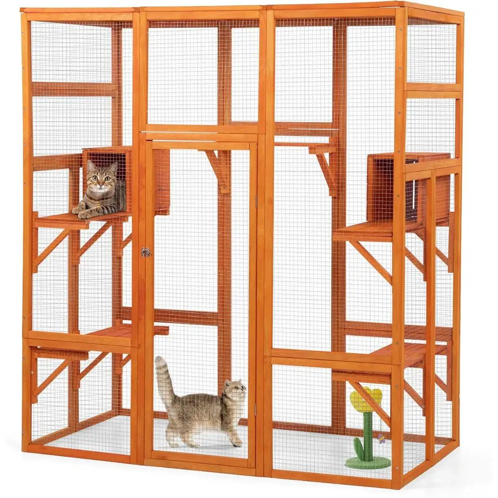 

Wooden Cat Cage with Perche and Condo, Play Run Enclosure Indoor Kitty Window Kennel with Waterproof Roof & Safety Lock, 7 Platf