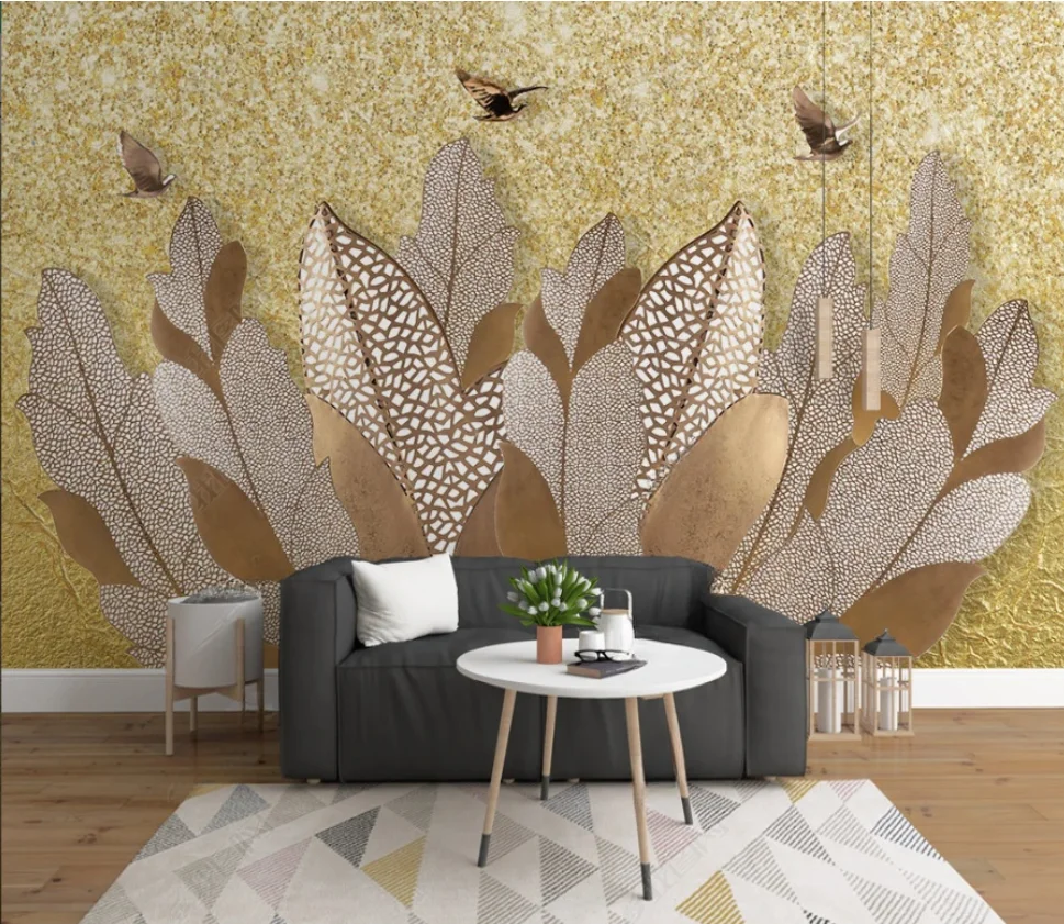 

Custom wallpaper of any size Abstract 3D Golden Leaf Bird decoration painting living room bedroom 3d wallpaper murals