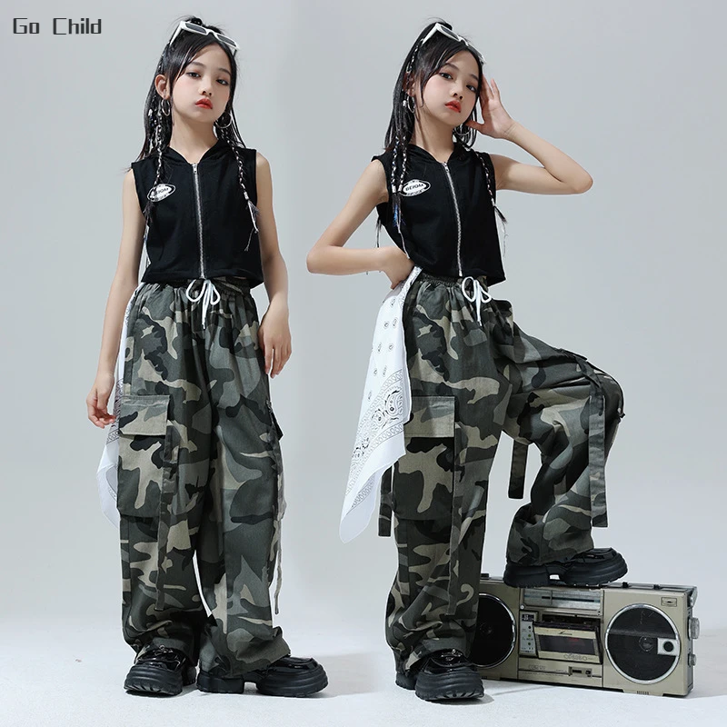 Girls Hip Hop Hoodies Camouflage Cargo Pants Children Street Dance Crop Tank Top Kids Streetwear Jazz Hooded Vest Clothes Sets