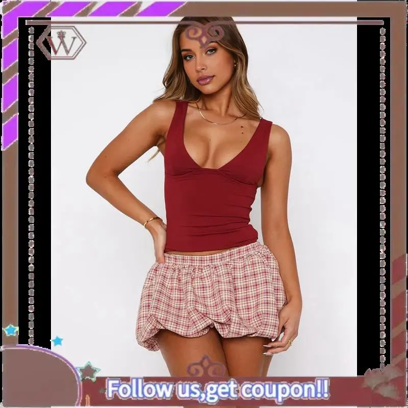 A95D-Minifalda de burbujas a cuadros para mujer, falda acampanada con volantes Y2K de cintura baja de verano 2025, con interior corto, color rojo vino XS