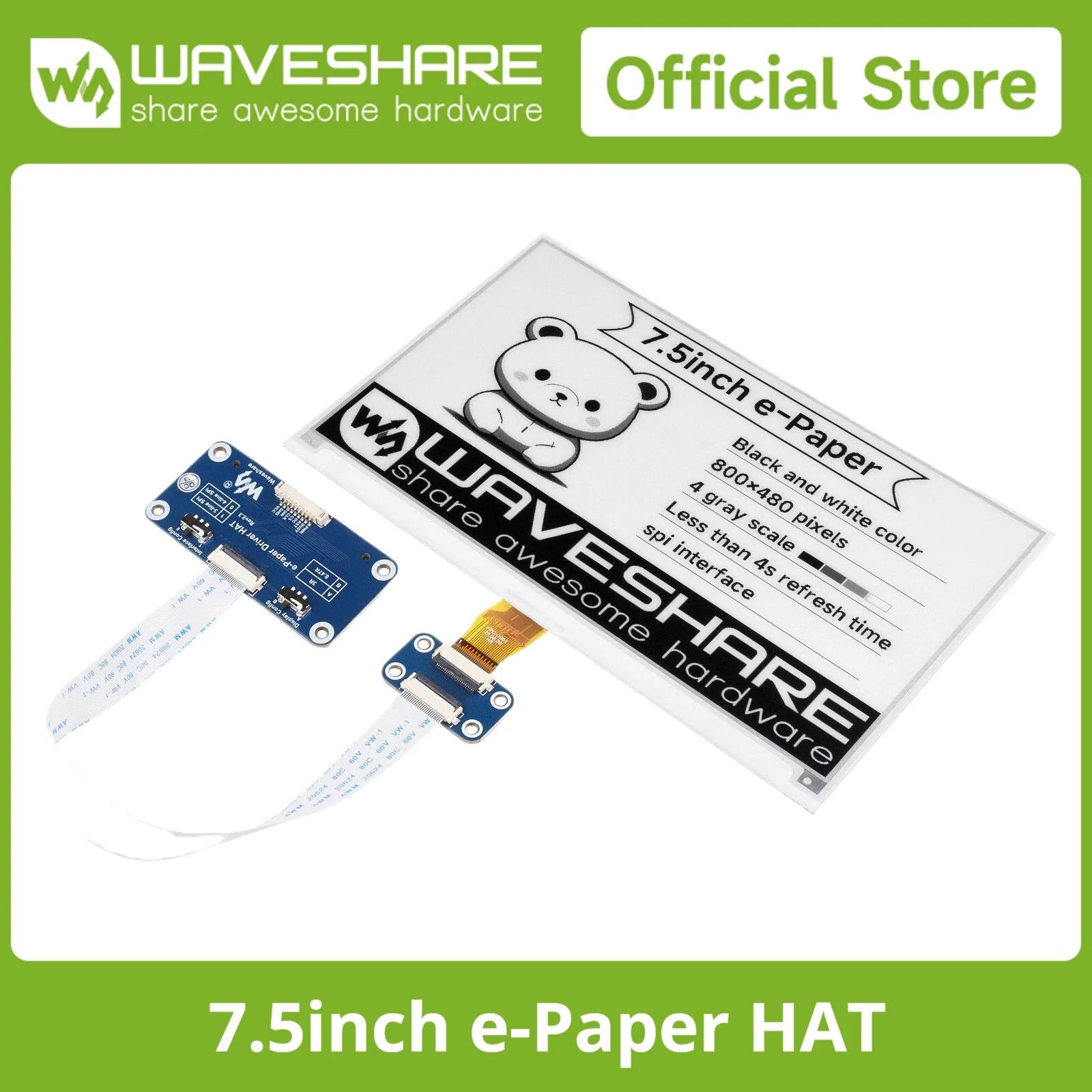 

Waveshare 7.5inch E-Ink HAT E-paper Display 800x480 Supports Raspberry Pi 5/4B/3B/Pi Zero/Zero/Jetson Nano/Arduino/STM32