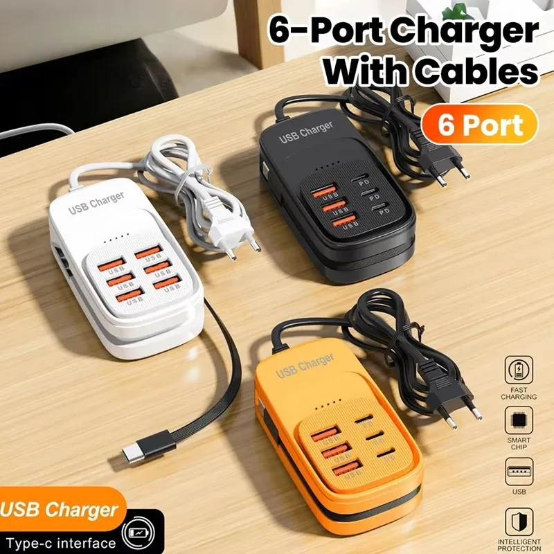  6-in-1 Charger Fast USB Power Strip Desktop Charging Station With Fast Charging Cord EU/US Plug USB HUB Adapter Socket 3PD 3USB 