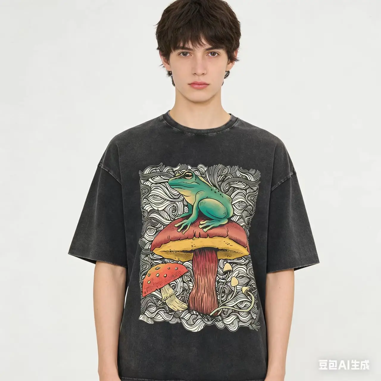Vintage Hand-painted Mushroom Frog Decorative Print Y2k Cotton Tshirts Women Washed Black Hip Hop All-match Streetwear Female