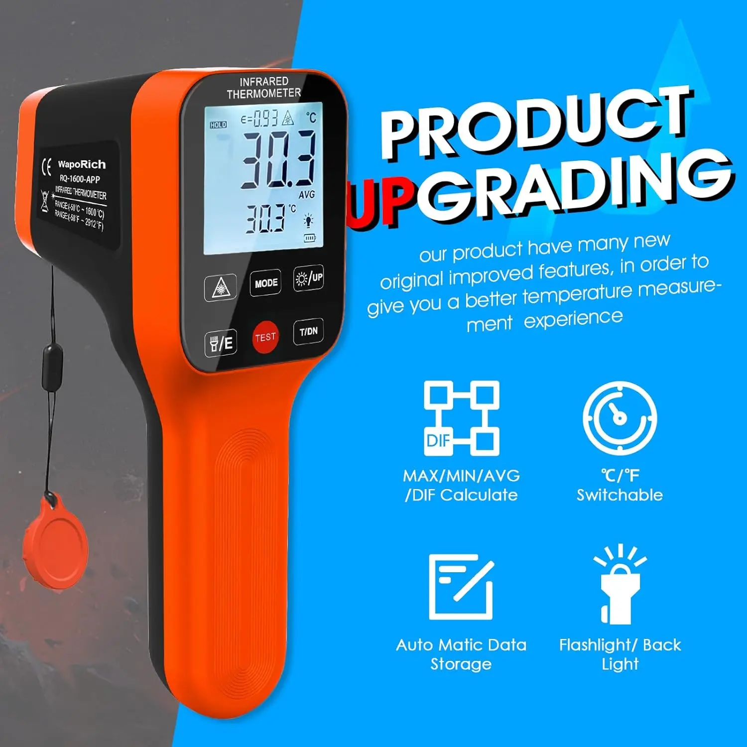 BT-1600APP Non-Contact Bluetooth Infrared Thermometer Gun, -50~1600℃, DS 30:1, for Industrial Use: Cooking, Pizza, Oven, Forge