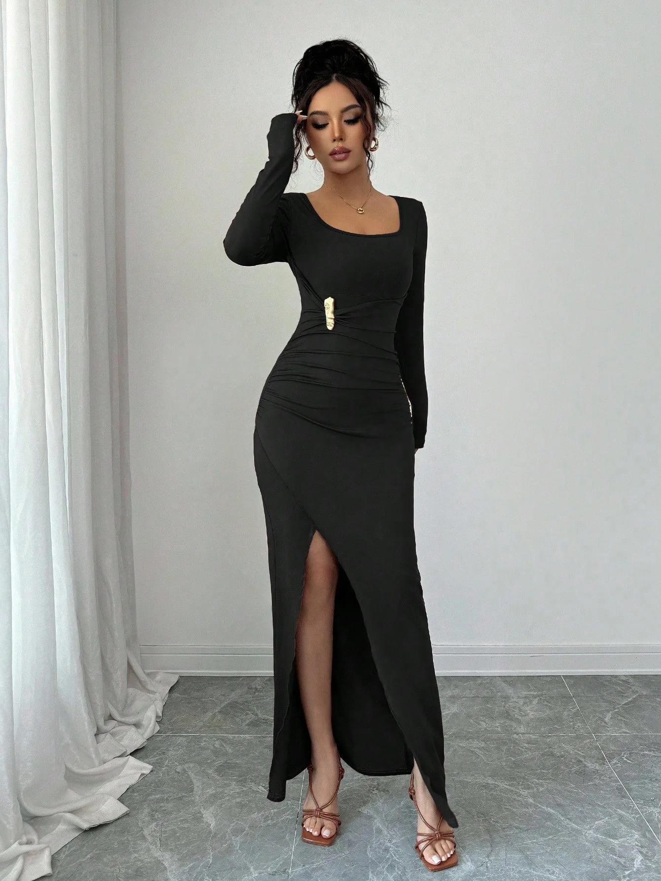 

SKMY 2026 Spring New U-Neck Solid Color Slim Fit Knitted Long Sleeve Split Dress Women Clothing Party Clubwear Bodycon Dress