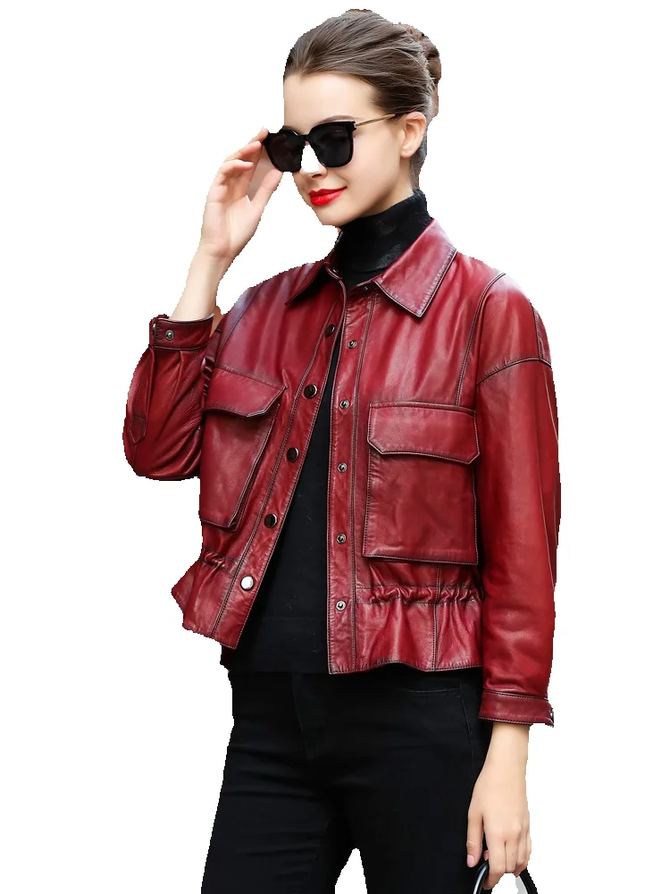 Seasonal New Genuine Leather Jacket For Women's Sheep Oil Wax Leather Short Motorcycle Jacket Single Leather Jacket