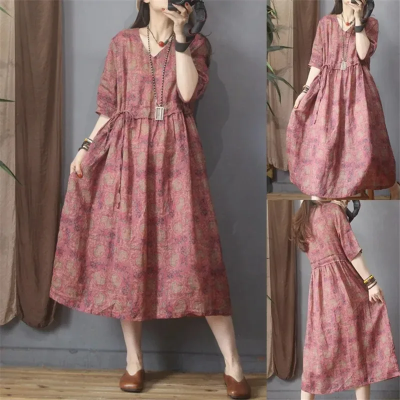 2025 New Spring Literary Floral Print Ramie A-Line Dress Women Chinese Style Short Sleeve High Waist Thin Big Swing Dresses