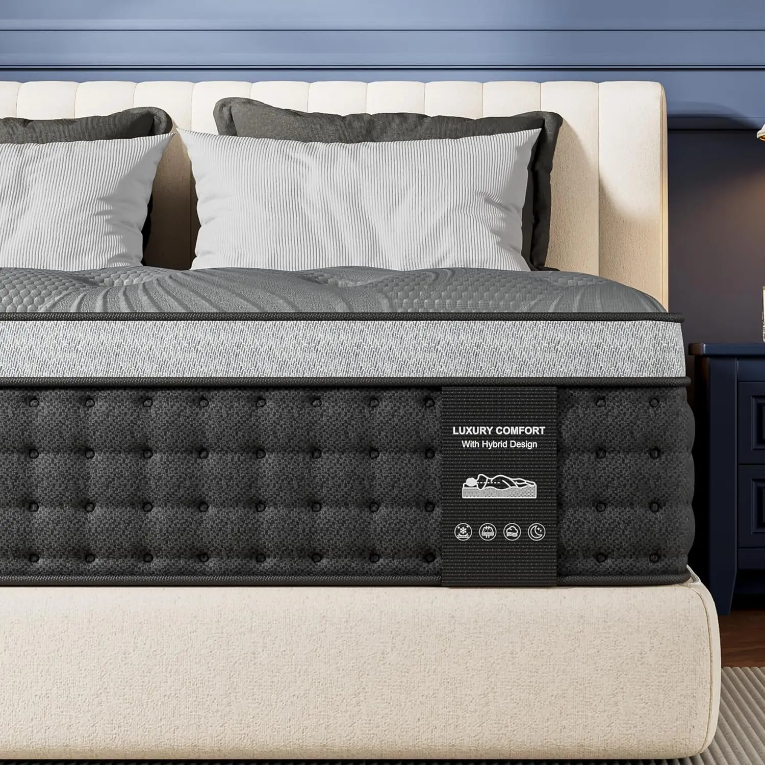 Firm Queen Mattress 14 Inch Hybrid Cooling, Deep Sleep Back Support Fiberglass-Free CertiPUR-US 365 Night, Customized