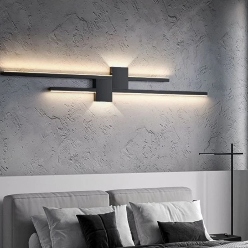 

Современные настенные светильники, светодиодные фонари, диван, декор для гостиной, ТВ-фон, украшение, деревянная решетка, спальня, бар, длинная полоса, настенный светильник