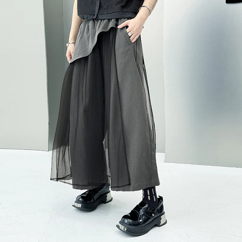

Women Pants Mesh Capris Spliced Ankle Length Empire Elastic Waist Wide Leg Pants Slight Stretch Loose Fit Streetwear 2025 Summer