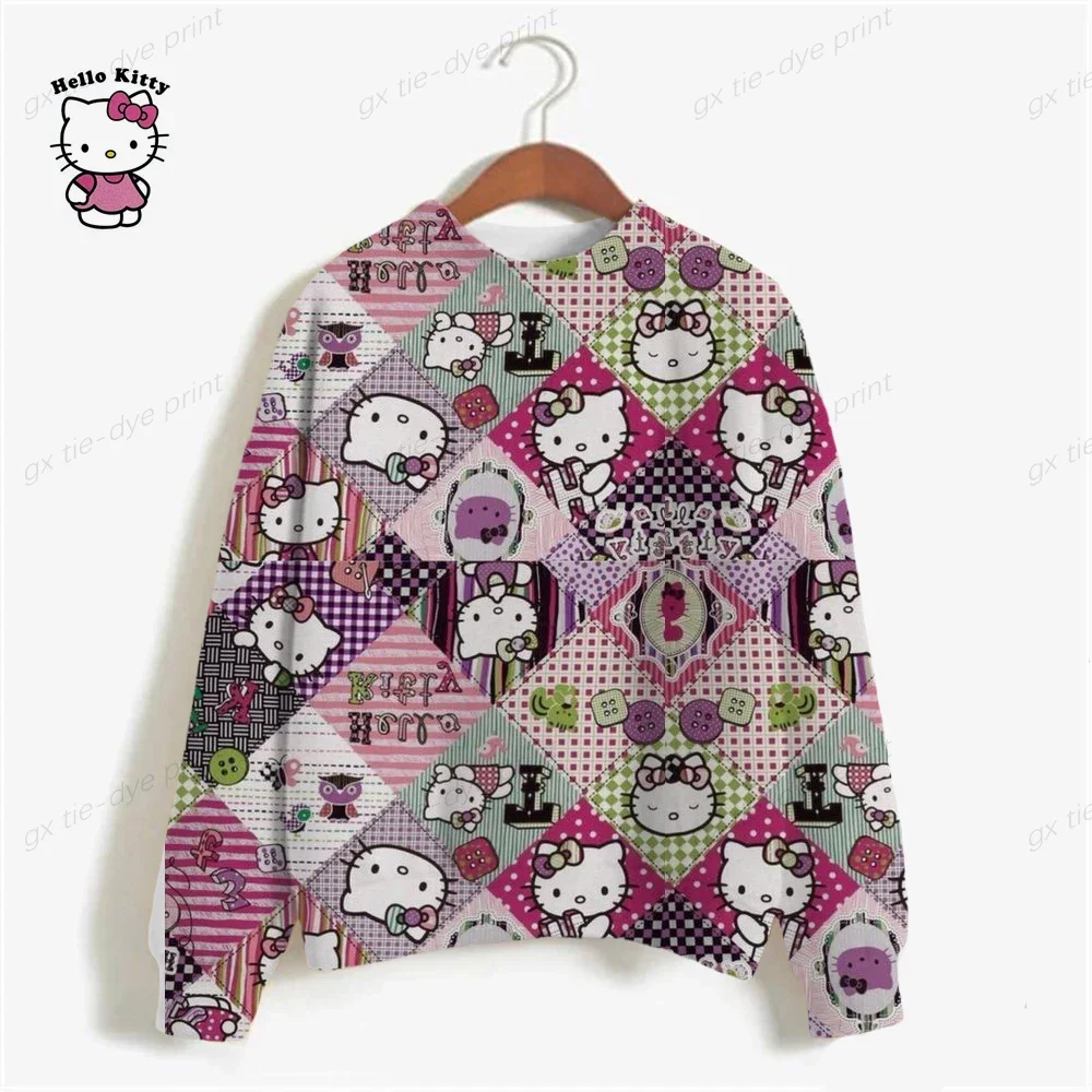 HELLO KITTY Shirt For Women Tid Dye Long Sleeve Shirts Autumn Hoodies Sweatshirts Casual Loose Pullover Sweatshirt Blouses Tops