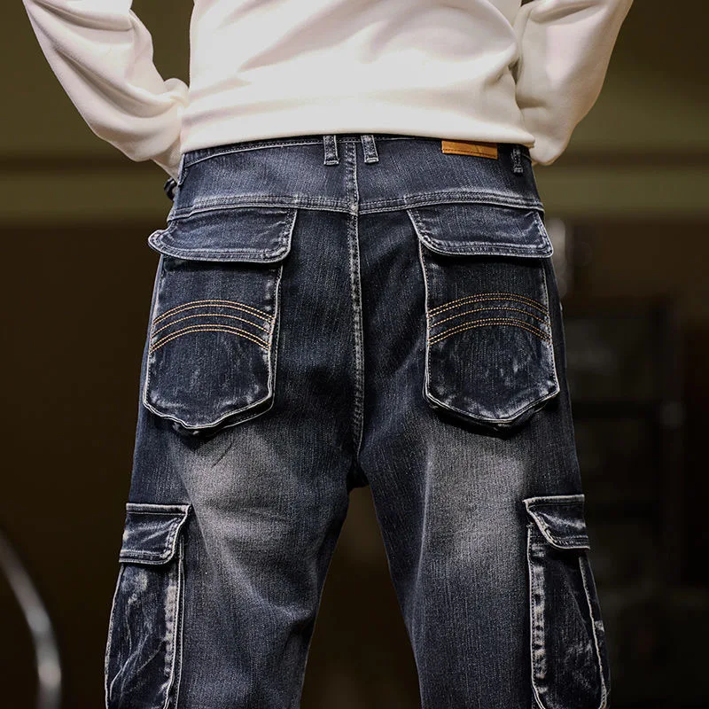 هاي ستريت العصرية متعددة جيب الدنيم السراويل الرجال الأمريكية خمر الجينز المتضخم فضفاض الدهون مستقيم بنطلون البضائع بانت تنوعا #1