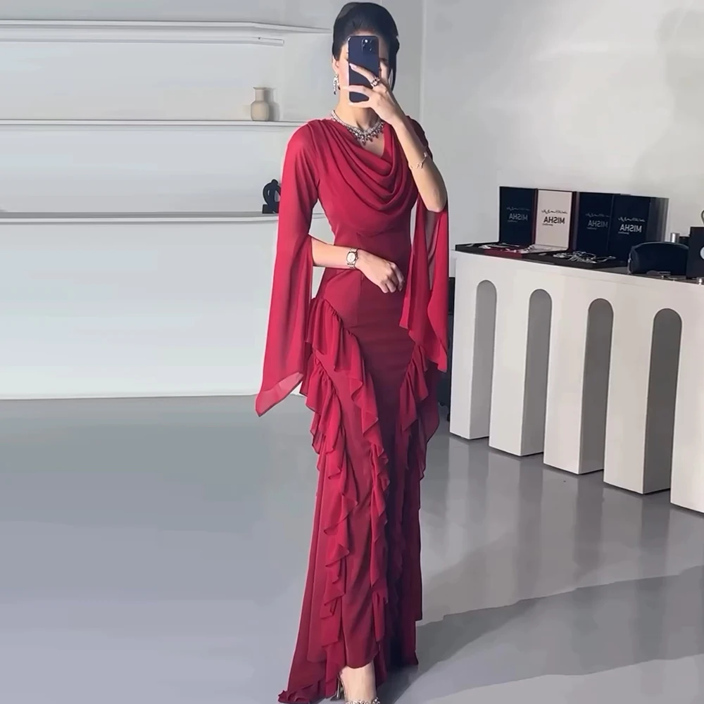 

Saudi Birthday Party Dresses Column&Sheath Chiffon Prom Dress Burgundy Ruffles V-neck Pleat Maxi Dresses